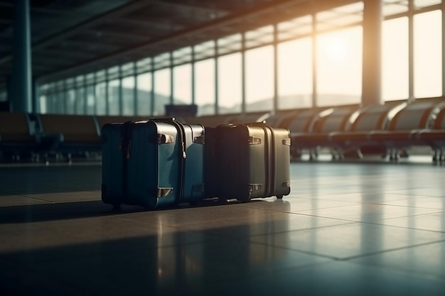 Bagagem em um aeroporto com o sol brilhando na bagagem.