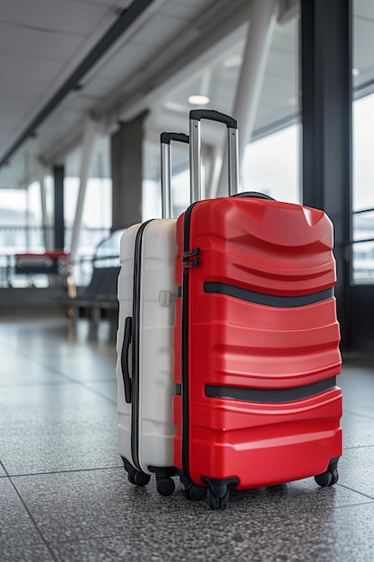 Foto bagagem vermelha e branca à moda no portão