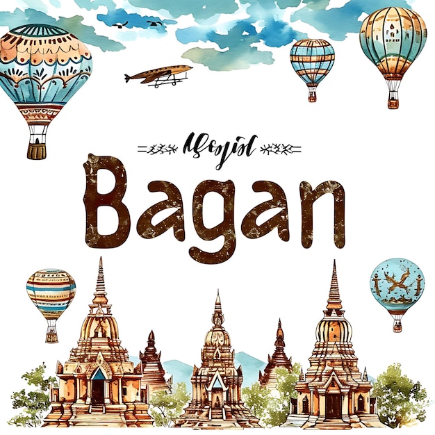 Bagan-Text mit mystischem und antikem Typografie-Design in der Aquarell-Landschaftskunst-Sammlung