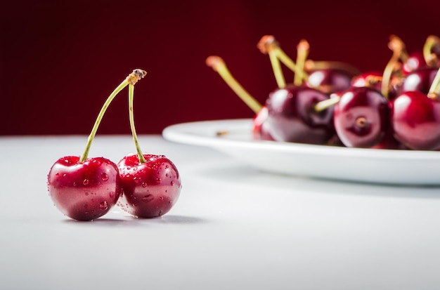 Bagas de cereja frescas em um fundo vermelho