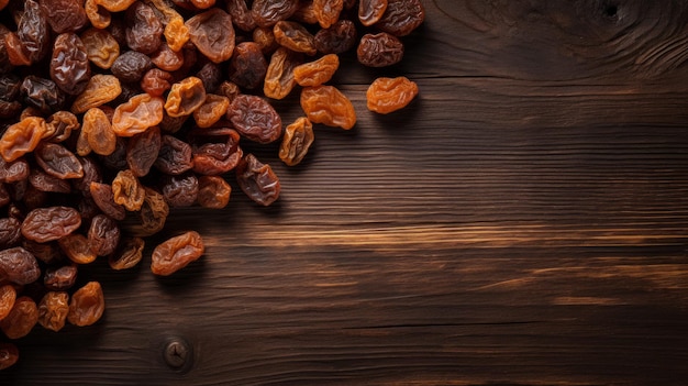 Bagas de passas secas orgânicas Fundo horizontal fotorrealista Lanche de energia vegetariana saudável Fundo gerado por Ai com deliciosas frutas de passas secas em borracha na bancada de madeira com espaço de cópia