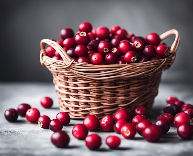 Bagas maduras e apetitosas de cranberry em uma cesta transbordante