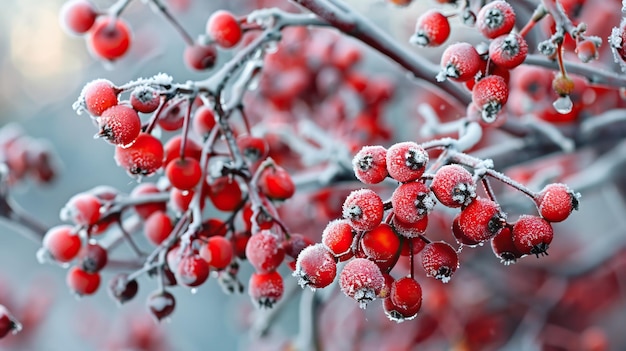 Bagas vermelhas congeladas em árvores cobertas de geada em Montana e Idaho