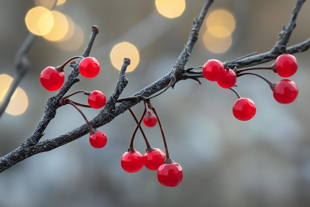 Bagas vermelhas de viburnum em um galho na floresta de inverno