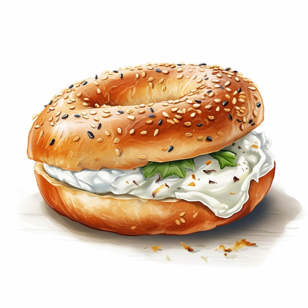 Bagel Arafed com cream cheese e alface em um fundo branco generativo ai