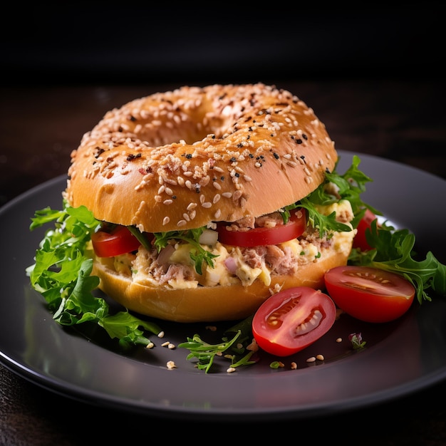 bagel con atún y tomates cereza en el plato negro