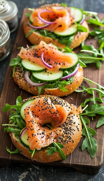 Bagel de salmão fumado com rúcula de pepino fresco