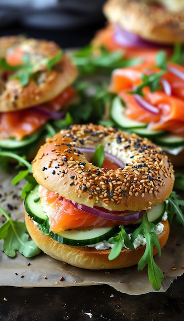 Bagel de salmão fumado com rúcula de pepino fresco