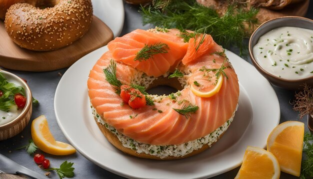 un bagel con rebanadas de limón y un bagel en él