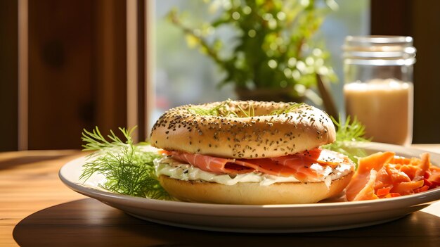 Bagel recém-cozido cheio de salmão fumado e queijo creme em uma tábua de madeira e mesa Um pequeno-almoço saudável