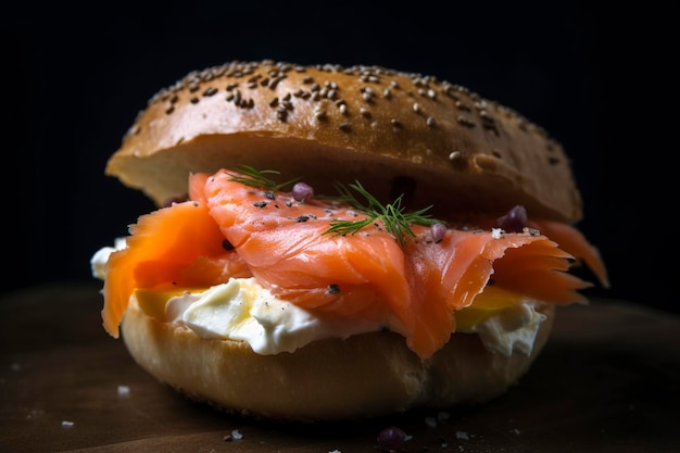 Un bagel con salmón ahumado encima