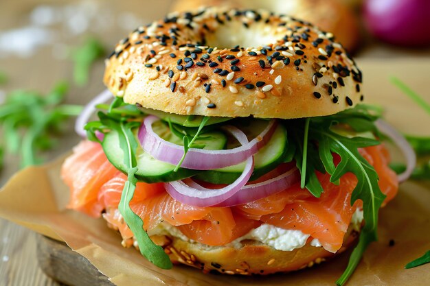 Bagel de salmón ahumado con rúcula de pepino fresco