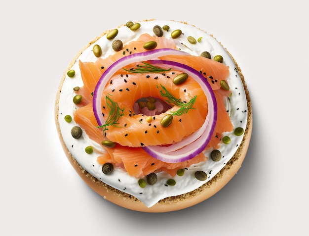 Un bagel con salmón ahumado con semillas y semillas.