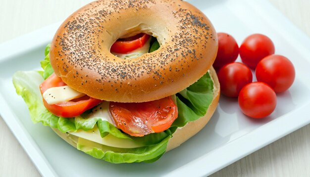 Bagel-Sandwich Frische Tomaten Kulinarischer Hochgenuss Geschmackvolles Essen Tellerpräsentation Köstlich