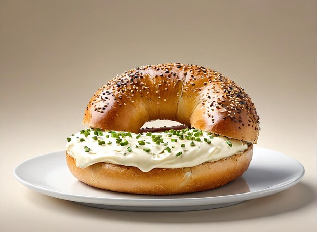 Foto un bagel con semillas de sésamo en él se sienta en un plato