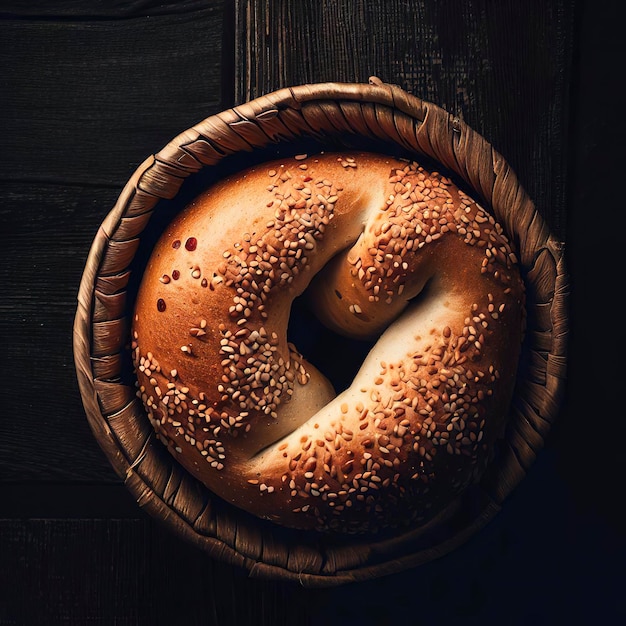 Bagel turco em uma vista superior da cesta em um fundo escuro de madeira