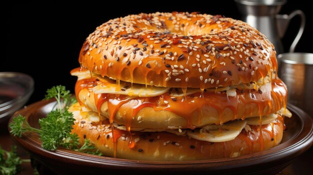 Bagels con chispas de sésamo sobre una mesa de madera con fondo borroso