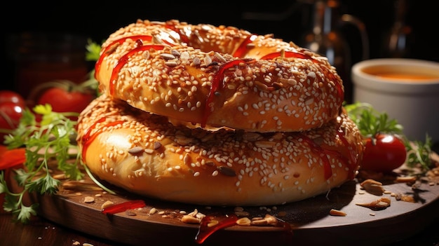 Bagels con chispas de sésamo sobre una mesa de madera con fondo borroso