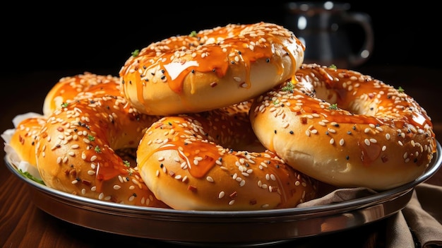 Bagels con chispas de sésamo sobre una mesa de madera con fondo borroso