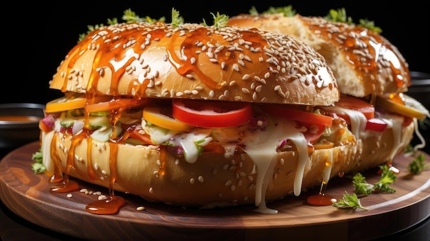 Bagels con chispas de sésamo sobre una mesa de madera con fondo borroso