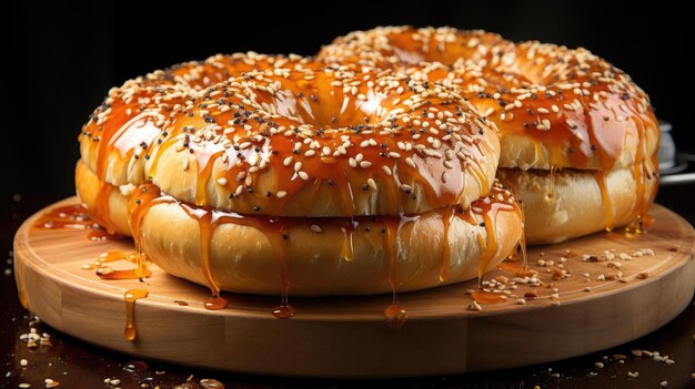 Bagels con chispas de sésamo sobre una mesa de madera con fondo borroso