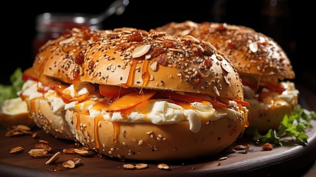 Bagels con chispas de sésamo sobre una mesa de madera con fondo borroso