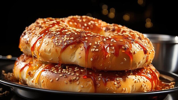 bagels com salpicaduras de gergelim em mesa de madeira com fundo desfocado