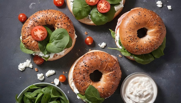 Bagels de presunto e frango caseiros servidos com espinafre orgânico fresco e queijo cottage ruccola