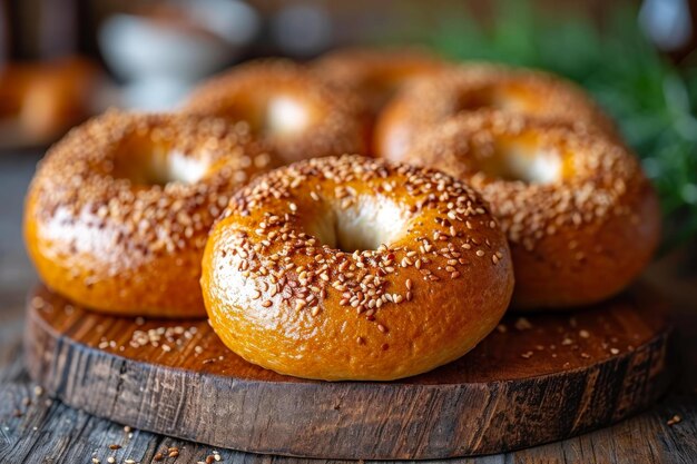 Bagels frescos de gergelim em um prato de madeira rústico