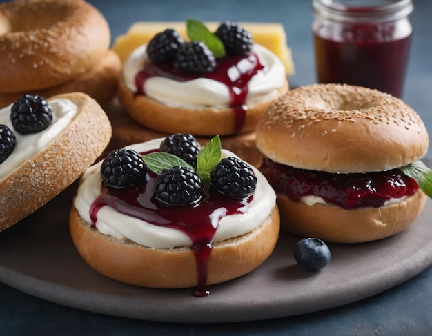 Bagels frescos con mermelada de bayas y crema de queso