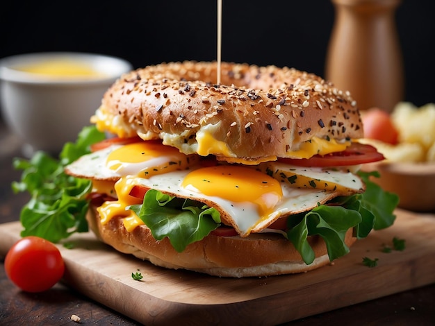 Foto bagels frescos sándwiches con queso con crema tocino tomate y cohete verde salvaje en madera rústica