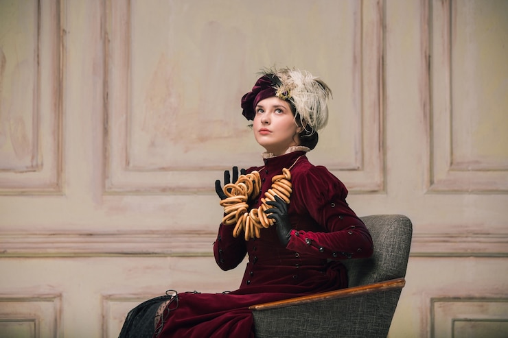 Foto bagels, leckere pause. moderner trendiger look des porträts einer unbekannten frau. retro-stil, vergleich des epochenkonzepts. schönes kaukasisches weibliches modell wie klassischer kunstcharakter, altmodisch.