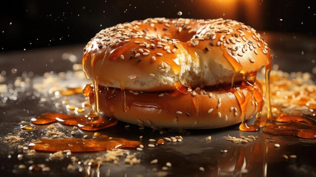 Bagels pan con azúcar espolvoreado y semillas de sésamo en el desenfoque de fondo de la mesa de madera