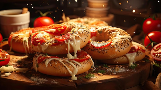 Bagels pan con azúcar espolvoreado y semillas de sésamo en el desenfoque de fondo de la mesa de madera