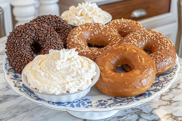 Bagels recién tostados con queso cremoso rico y cremoso