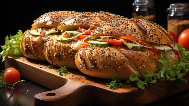 Bagels con salpicaduras de sésamo en una mesa de madera con fondo borroso