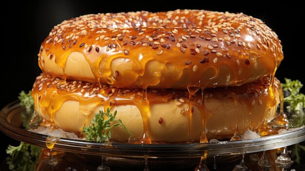 Bagels con salpicaduras de sésamo en una mesa de madera con fondo borroso