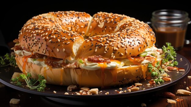 Foto bagels con salpicaduras de sésamo en una mesa de madera con fondo borroso