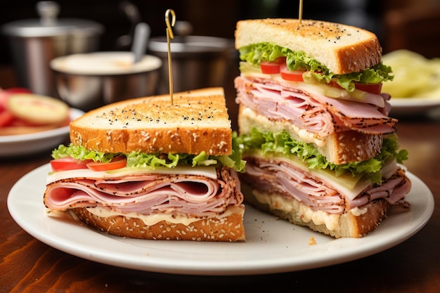 Bagels de semillas de sésamo con jamón y sándwich clásico suizo