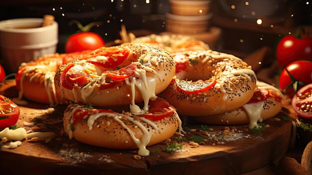 Bagelsbrot mit bestreutem Zucker und Sesamkörnern auf Holztischhintergrundunschärfe