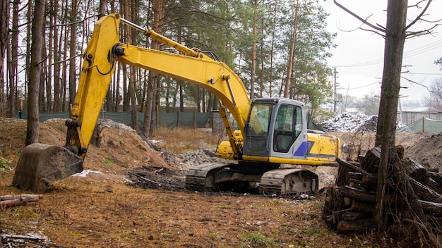 Bagger arbeitet auf einer Baustelle im Grünen