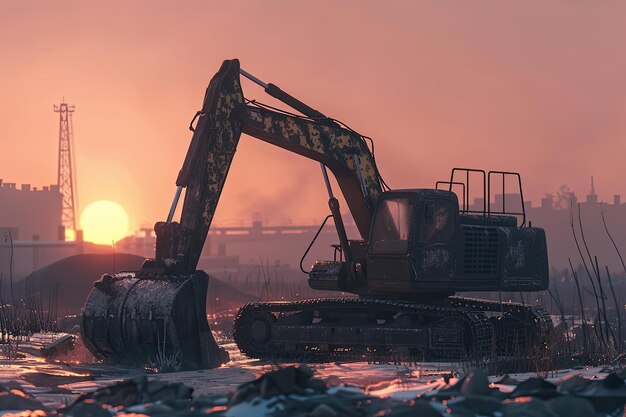 Bagger auf der Baustelle bei Sonnenuntergang