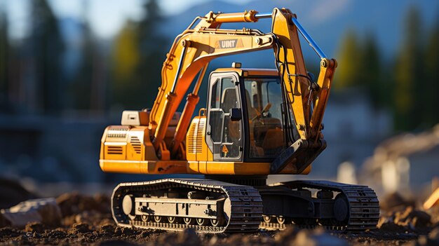 Foto bagger auf der baustelle mit bokeh-hellem himmelshintergrund