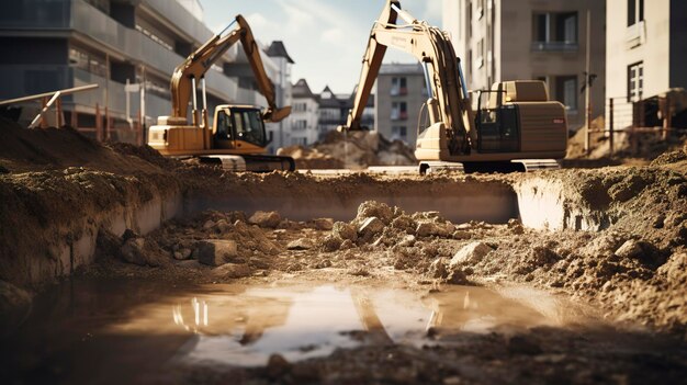 Bagger auf einer Baustelle mit Bauarbeiten im Gange Industriemaschinenkonzept