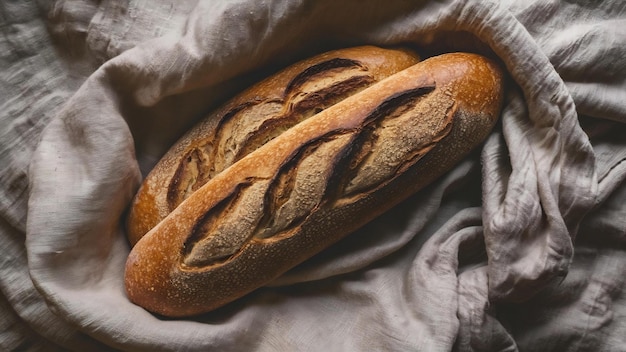 Baguete de grãos inteiros orgânicos colocado em tecido de linho