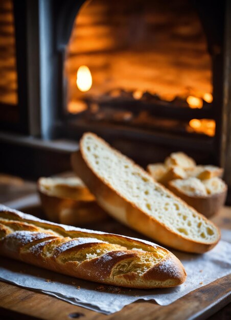 Foto baguete fresco contra o pano de fundo de um forno em chamas