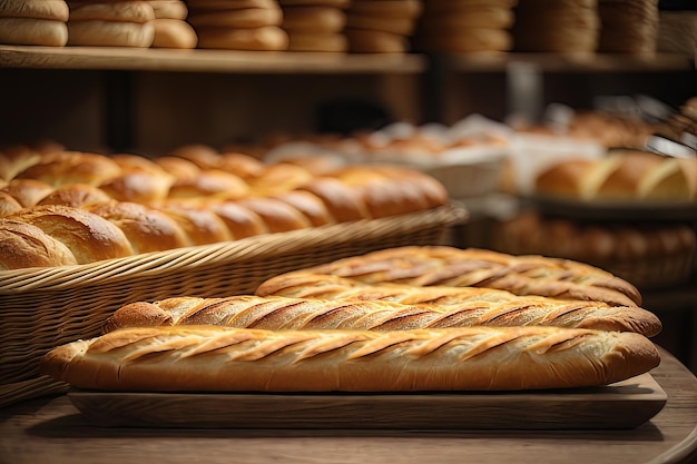 Baguetes de la canasta de pan en una fila