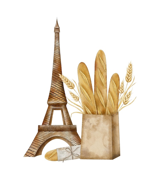 Baguetes francesas em saco artesanal com monte de espigas de grãos de centeio de trigo e a mão da torre eiffel