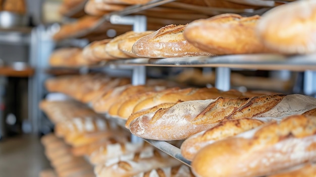 Baguetes recién horneados en los estantes de la panadería