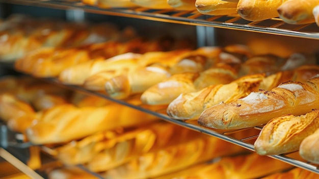 Baguetes recién horneados en los estantes de la panadería